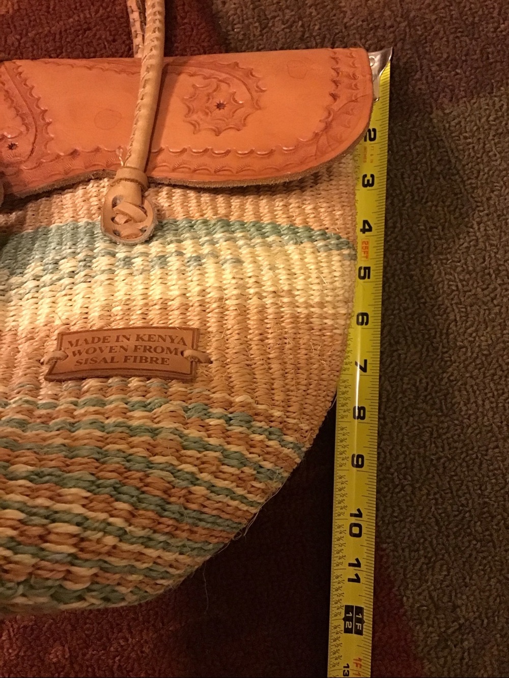 Made in Kenya Woven From Sisal Fibre Tote with Leather Trim - Tan & Green Coral - Picture 14 of 16